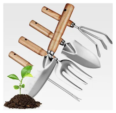 Produktbild von Gartengerätesatz aus Edelstahl mit ergonomischen Holzgriffen - Vielseitiges Handwerkzeug für die Gartenarbeit