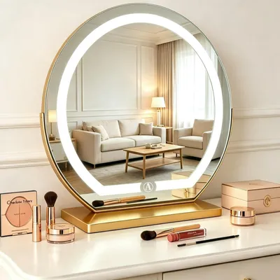 LED-Make-up-Spiegel 50 cm, 10x Vergrößerung, 3 Farben dimmbar, gold