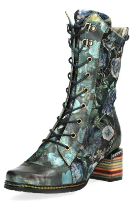 Produktbild von Laura Vita Damen Stiefelette bunter Blockabsatz Blumenmuster mit Prägungen IBCANO 15, Größe:38 EU, Farbe:Blau