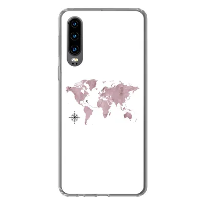 Produktbild von MuchoWow® Handyhülle Schutzhülle Hülle für Huawei P30 Weltkarte - Rosa - Flugzeug Silikon Softcase Handy Hülle - Kartenbesitzer