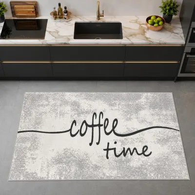 Produktbild von Küchenläufer Grau mit Coffee-Time-Schriftzug und melierter Optik Größe - 80 x 150 cm