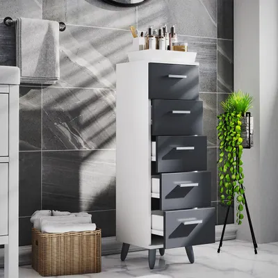 Produktbild von VCM Badmöbel Midischrank | Badschrank | Maße: H. 100 x B. 30 x T. 30 cm | Kommode | 5 Schubladen - Landos M