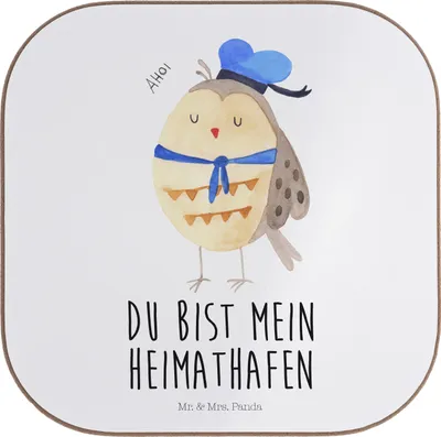 Produktbild von Mr. & Mrs. Panda Untersetzer für Gläser Eule Matrose - Weiß - Geschenk, Freundin, Tassen, Coaster, Ehe, Heimathafen, Tassenuntersetzer, Glas, Kapitän, Hochzeitstag