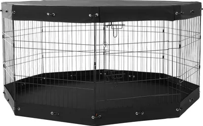 A black hexagonal dog playpen with a cover.