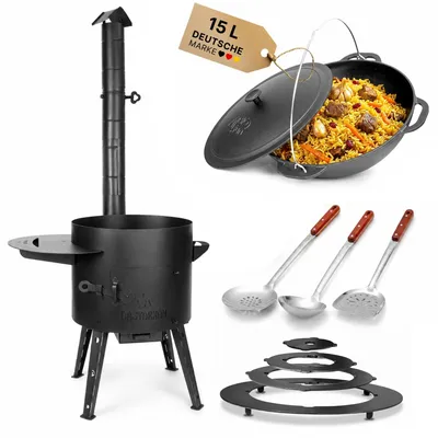 Produktbild von Utschag Campingofen Set mit 15L Premium Gusseisen Kazan mit Gusseisendeckel geschliffen eingebrannt Rauchrohr Aschekasten Adapterringe Schaumkellen