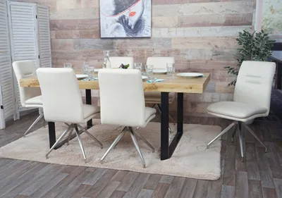 Produktbild von 6er-Set Esszimmerstuhl HWC-H70, Küchenstuhl Lehnstuhl Stuhl, Stoff/Textil Edelstahl gebürstet creme-beige