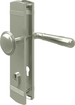 Produktbild von Matt vernickelter Zylinderschutz Türbeschlag Sicherheitsbeschlag Langschild Türdrücker Knopf / Drücker DIN 8/72