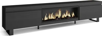 A black TV cabinet with a built-in electric fireplace is shown against a white background.
