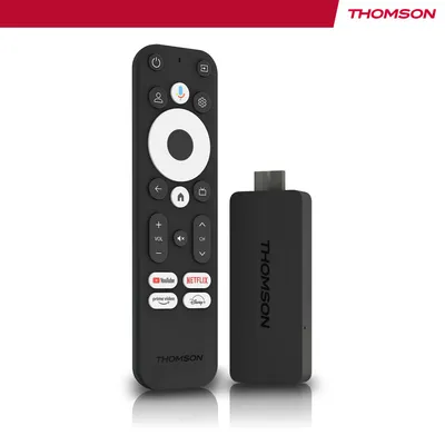 A black Thomson streaming stick and remote control are displayed on a white background.