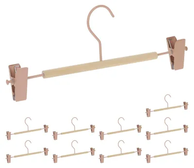 Image de Lot de 10 cintres pour pantalons Relaxdays, 2 pinces chacun, cintres à pinces pour pantalons et jupes, H x l x P : 11,5 x 30,5 x 3 cm, rose/naturel