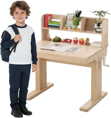 Imagen del producto de Escritorio infantil, con altura ajustable, fabricado en madera maciza, para niños a partir de 6 años, con superficie abatible, espacio de almacenamiento, dimensiones: 92 x 60 x 89-110.5 cm
