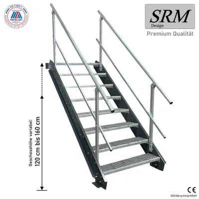 Zdjęcie produktu dla 8 stopni schodów stalowych antracyt szerokość 130 cm wysokość kondygnacji 120 - 160 cm 2x poręcze