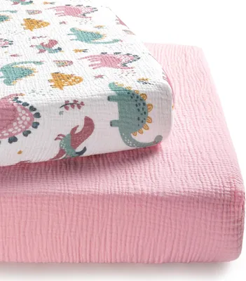 Zdjęcie produktu dla Komplet pościeli do łóżeczka, 2 sztuki, prześcieradło do łóżeczka dziecięcego 60 x 120 cm, 100% bawełna, prześcieradło dla niemowląt, motyw: tęczowy dinozaur