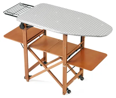 Produktbild von Bügelbrett Serie 620 Bravo, höhenverstellbar 86-92 cm, Arbeitsplatte 115x54 cm, verschiebbarer Bügeleisenhalter, Wäscheablagen, Rollen
