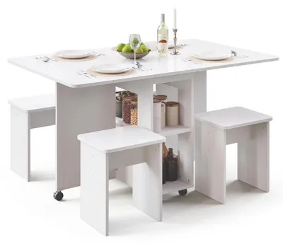 Image de Table pliante avec 4 chaises, ensemble repas sur roulettes avec étagères, dimensions : 120 x 80 x 80 cm, couleur : blanc
