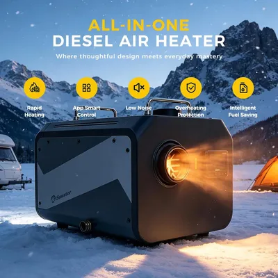 Immagine prodotto di Riscaldatore diesel - TP RO, riscaldatore ad aria diesel - 9 kW - Wi-Fi e Bluetooth - 12/24 V corrente continua e 110–240 V corrente alternata - Serbatoio carburante da 5 litri - Adatto per ambienti di 20–25 m² - Display LCD