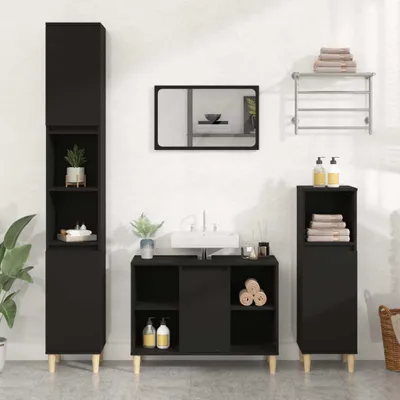 A modern bathroom vanity set with a sink, mirror, and storage cabinets.