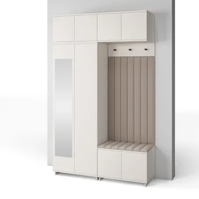 Produktbild von Garderoben-Set Napoli Version 11: Kleiderschrank mit Polsterpaneelen, Schuhschrank und Schrankaufsatz Flur und Eingangsbereich (Cashmere/Trinity 02)