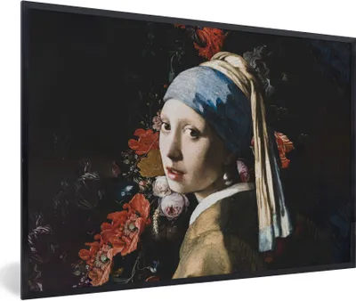 Produktbild von MuchoWow® Gerahmtes Poster Das Mädchen mit dem Perlenohrring - Vermeer - Blumen 90x60 cm - Poster mit Schwarzem Bilderrahmen Wandposter Rahmen Foto Bilder - Fotorahmen - Foto-Plakat