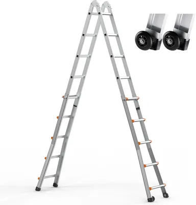Obrázek produktu pro SucceBuy 16,7 ft teleskopický žebřík s A-rámem, kompaktní hliníkový výsuvný žebřík, multifunkční skládací žebřík pro domácnost, schody, vnitřní/venkovní, nosnost 150 kg, stříbrný