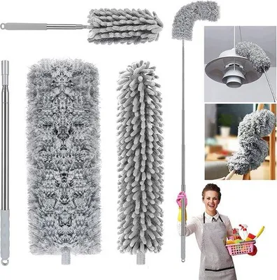 Immagine prodotto di Uniqoos® Spolverino telescopico 3-in-1, flessibile, in microfibra e cotone, lavabile, con asta telescopica da 250 cm, confezione da 4 pezzi, ideale per rimuovere polvere e ragnatele