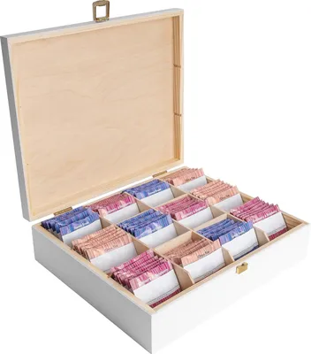 Produktbild von Creative Deco Große Teebox Holz Weiß aus Kiefernholz | 29 x 25 x 7,5 cm | Teekiste mit 12 Fächern Tee Organizer