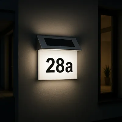 A solar-powered house number light illuminates the number '28a' on a wall at night.