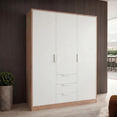 Produktbild von MinteLiv Kleiderschrank 3-türig Weiß/Eiche-Optik 49 cm Tiefe mit Kleiderstange 4 Fächer 176x120x52 cm