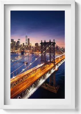 Produktbild von New York - Sonnenuntergang über Manhattan– Wandbild mit Rahmen – Gerahmtes Bild  – Wanddekoration – 40x60 cm – Weiß