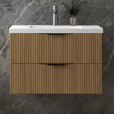 Produktbild von Unterschrank mit Waschbecken Waschbeckenunterschrank, Walnussfarbe Badezimmerschrank, 80x44.5x52cm, Sanfter Schluss, Badschrank
