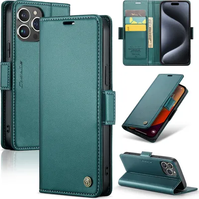 Image de Etui pour iPhone 15, carte de blocage RFID, étui en cuir avec fonction stand vert