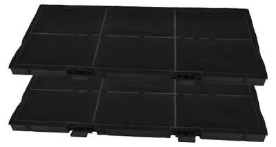 Two black activated carbon filters stacked on top of each other against a white background.