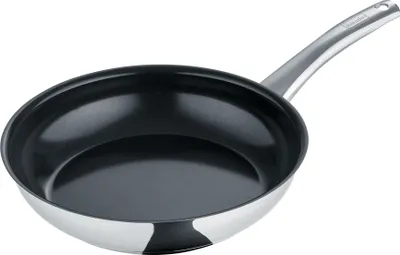 A stainless steel frying pan with a black non-stick interior and a silver handle is shown against a white background.