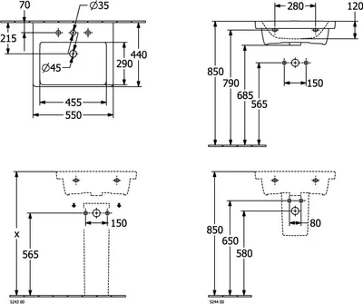 Immagine prodotto di Vasque Villeroy & Boch Subway 3.0, 1 trou pour robinetterie, sans trop-plein, compatible avec robinetterie 3 trous, partie inférieure polie, 550x440mm, 4A70F501, 4A70F501