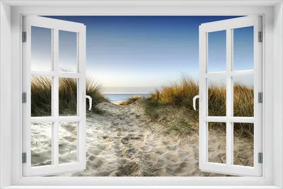Produktbild von Wallario Poster mit Fenster-Illusion: Weg durch die Dünen zum Strand am Meer, Größe: 61 x 91,5 cm (Maxiposter)