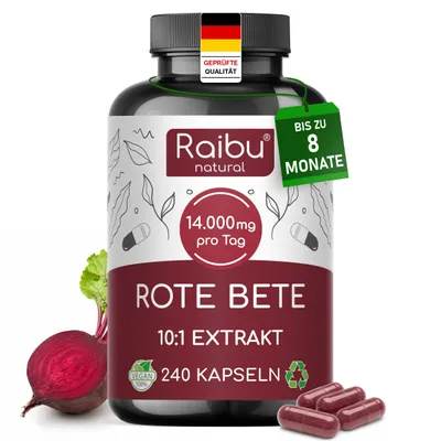 Produktbild von Rote Beete Kapseln 14.000 mg - 10:1 Extrakt mit natürlichen Nitraten - RAIBU