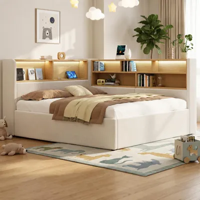 Obrázok produktu pre MODFU Daybett, čalúnená posteľ 140x190, zamat, rozkladacia pohovka s hydraulickým úložným priestorom, dennaya posteľ s LED a USB/Type-C portami, bez matraca, béžová, Obrázok generovaný UI
