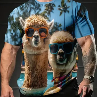 Produktbild von Herren T-Shirt Übergröße, Sommer Kurzarmshirt mit Alpaka Sonnenbrille Print, lustiges Freizeit Shirt für Alltag 5XL