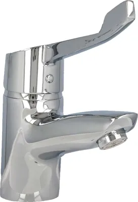 A close-up studio shot of a chrome faucet.