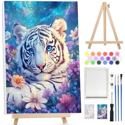 Produktbild von Malen nach Zahlen Set Weißer Tiger mit Rahmen 20x30cm für Erwachsene Anfänger DIY Leinwand Kit