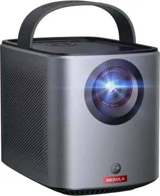 A portable projector with a handle on top.