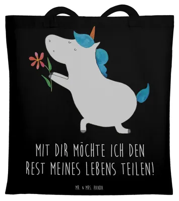 Produktbild von Mr. & Mrs. Panda Jutebeutel Einhorn Blume - Schwarz - Geschenk, Antrag, Unicorn, Liebe, Tote Bag, Beutel, Freundin, Büchertasche, Einhörner, Tasche, Freund, Tragetasche