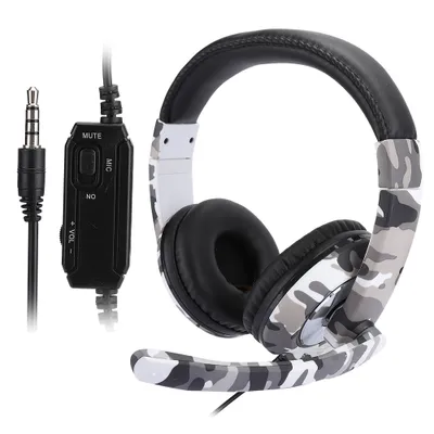 A gaming headset with a camouflage pattern is shown against a white background.