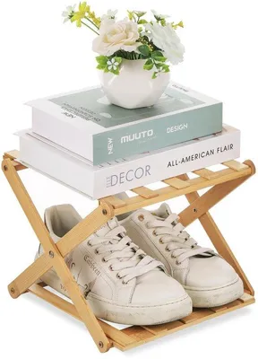 Imagen del producto de Zapatero de bambú de 2 niveles, plegable, de madera, compacto y estrecho. Estante para zapatos, 30 x 20 x 26 cm