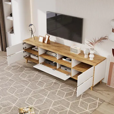 Image de OKWISH Meuble TV avec Rangements Fermés et Ouverts, Style Blanc et Bois, Pieds en Bois, MDF - 175x37x51 cm - Blanc