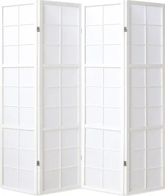A white, four-panel room divider with a grid pattern.