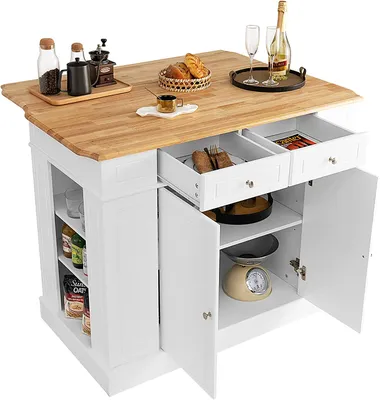 Produktbild von Küchenschrank mit erweiterbarer Arbeitsplatte, Kücheninsel Holz, Sideboard Beistellschrank Esszimmerschrank mit Schubladen & Schrank & Ablageregal, Aufbewahrungsschrank 120x61x92 cm