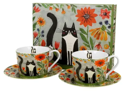 Produktbild von DUO ANIMALS 2er-Set Tassen 230 ml CAT'S WORLD – MEADOW mit Untertassen, New Bone China Porzellan