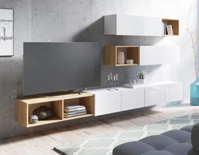 Produktbild von AX LIVING Wohnwand Modern Kossana 25 – 300cm Breite, Design Weiß/Goldene Eiche