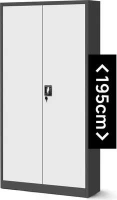 A tall, two-door metal cabinet with a lock on the right door. A black overlay with white text indicating size is on the right side.